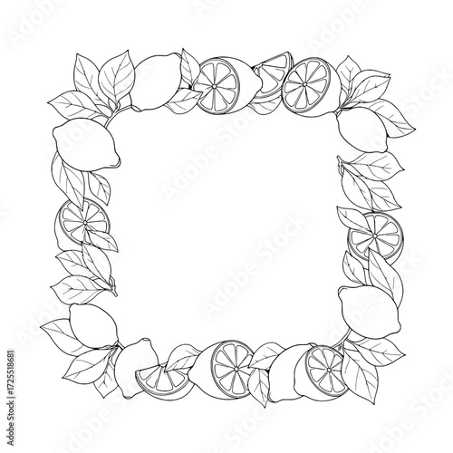 Lemon Frame Illustration: A beautifully illustrated border design features fresh, ripe lemons and lush green leaves in a hand-drawn style.