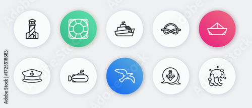 Set line Bird seagull, Folded paper boat, Captain hat, Anchor, Nautical rope knots, Speedboat, Tsunami and Submarine icon. Vector