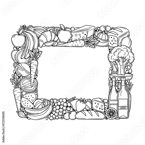 Food Frame: A rectangular border crafted entirely from various wholesome food items, showcasing the vibrant diversity of fruits, vegetables, dairy and baked goods.