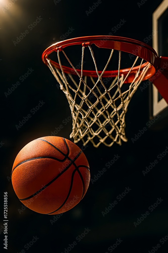 Fototapeta premium Professional basketball action scene with glowing ball and net swaying under moody dramatic lighting