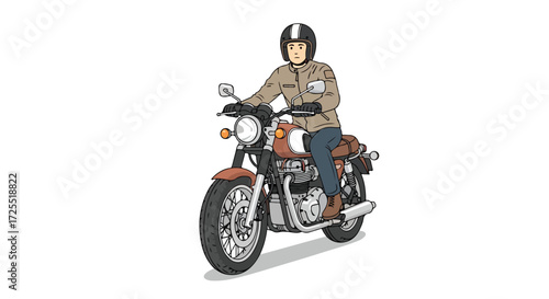 Illustrated motorcycle rider wearing helmet and jacket on isolated white background  for transportation and lifestyle visuals