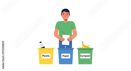Illustration showcasing a man practicing eco-friendly waste separation with labeled recycle bins
