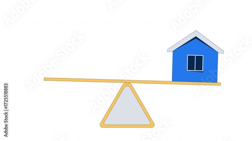 Small house placed on seesaw balance 2D cartoon object animation. Housing market instability. Realty issues. Real estate supply demand animated flat colorful item 4K video isolated on white