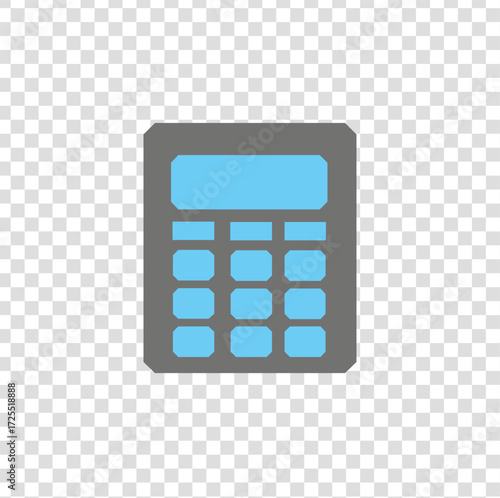 This PNG icon features a gray and blue calculator, representing finance, calculation, and cost, suitable for medical billing, pharmacy pricing, and healthcare accounting.