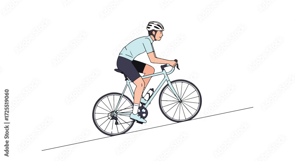 Fototapeta premium Cyclist conquering incline: Solo rider pedaling uphill on road bike with helmet and athletic gear, vector illustration, minimal style
