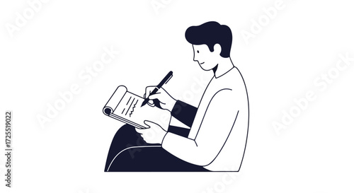 Minimalistic illustration of a person writing in a notepad conveying focus and concentration in monochrome scheme