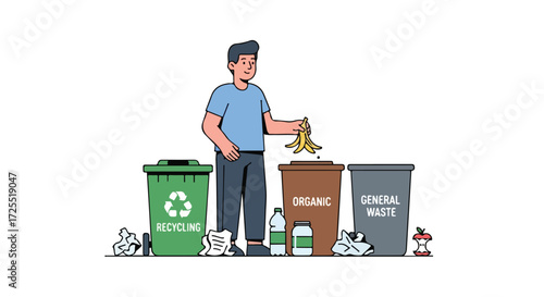 Illustration showing waste sorting by a man using color-coded bins for responsible garbage disposal and environmental consciousness