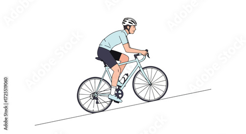 Cyclist conquering incline: Solo rider pedaling uphill on road bike with helmet and athletic gear, vector illustration, minimal style