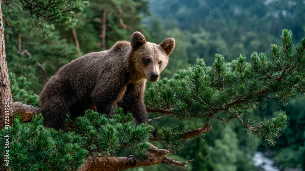 Obraz premium Curious bear explores a lush forest canopy during a sunny afternoon in the wild