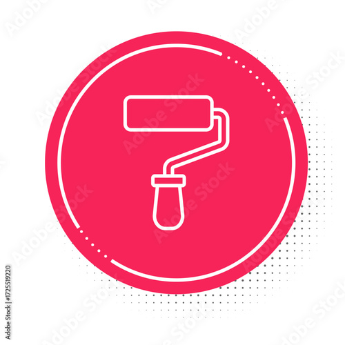White line Paint roller brush icon isolated on white background. Red circle button. Vector