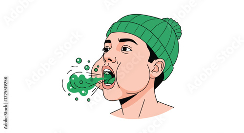Cartoon illustration showcasing an individual expelling green liquid with bubbles, reflecting sickness or fantasy, creative vector art