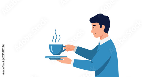 Man Offering a Steaming Cup of Coffee on a Tray with Gentle Smile and Freshness Aromatic Brew Serving