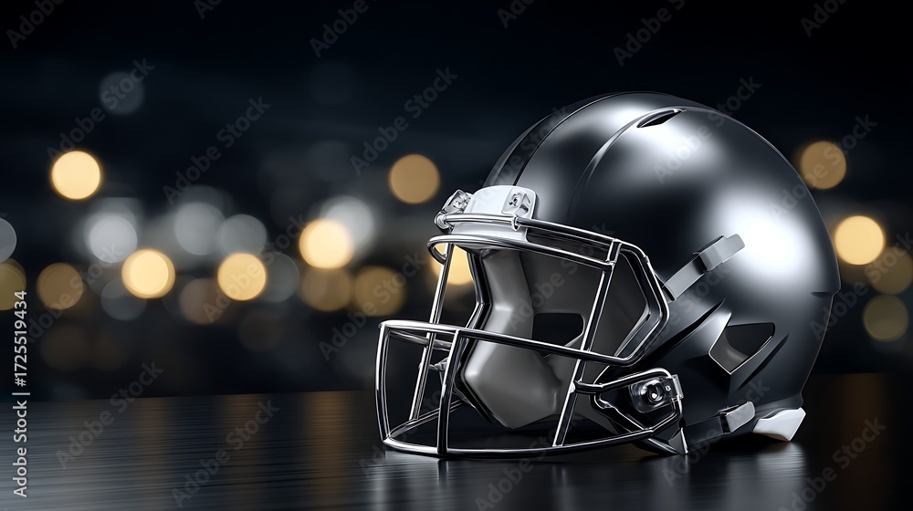 Naklejka premium Football Helmet Silver Black Reflective Surface in Stadium with Bokeh Lights
