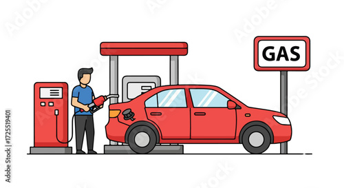 Red sedan being filled with gas at a service station with gas price signage, a simple vector illustration showcasing gasoline purchase and car