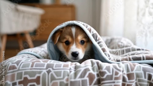 Fluffy dog snuggled under soft blanket creating warm and cozy mood