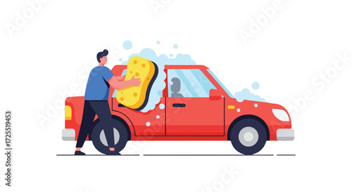 A cartoon depiction of a man meticulously washing a red car with a sponge surrounded by soap bubbles conveying cleanliness and attention to