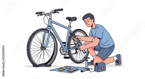 Illustration of a young man fixing a flat bicycle tire on a white background depicts maintenance and repair concepts for cycling enthusiats