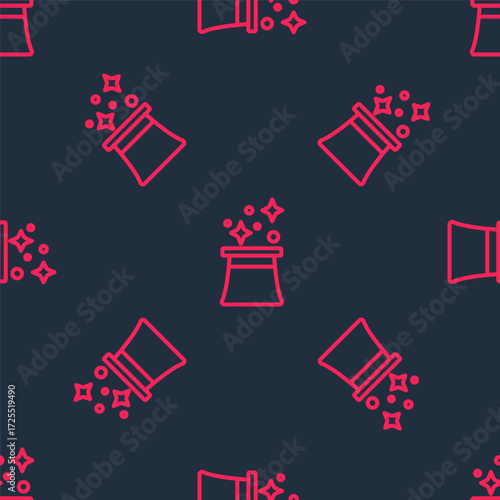 Red line Magician hat icon isolated seamless pattern on black background. Magic trick. Mystery entertainment concept. Vector
