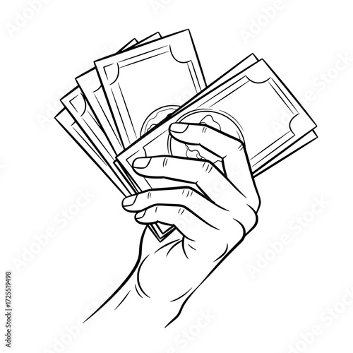 Hand Holding Currency: A hand firmly grasps a bundle of cash in a meticulously detailed line art illustration, conveying themes of wealth, finance, and commerce. 