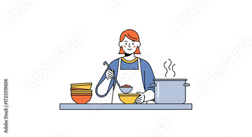 Illustration of a smiling woman preparing soup in the kitchen with bowls and a steaming pot in colorful art style