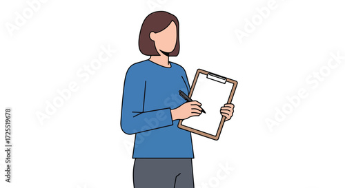 Illustration of a focused woman diligently taking notes on a clipboard, suggesting organization and attention to detail for various professional tasks