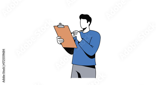 Person holding clipboard, writing something down, drawing, or making notes, isolated on a white background creating an artistic flat illustration