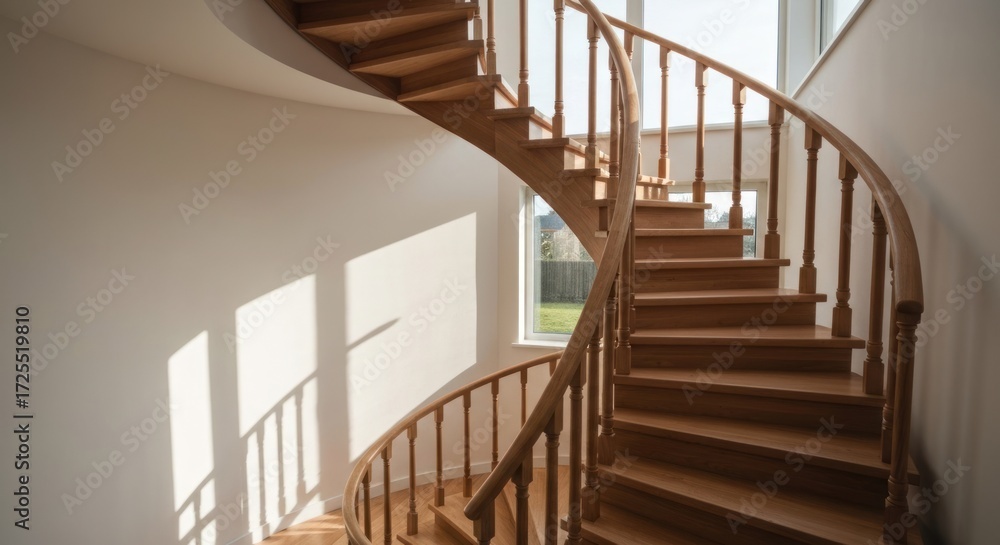 Obraz premium Spiral wooden staircase in a bright, modern home. Sunlight casts shadows on the walls