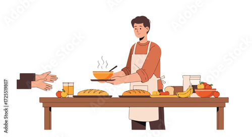 A kind volunteer serves a bowl of hot soup to a person in need at a community kitchen, demonstrating compassion and supporting those facing food