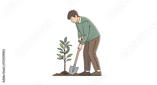 Illustration of a man planting a tree, symbolizing environmental responsibility and future growth, with a clean and hopeful artistic style