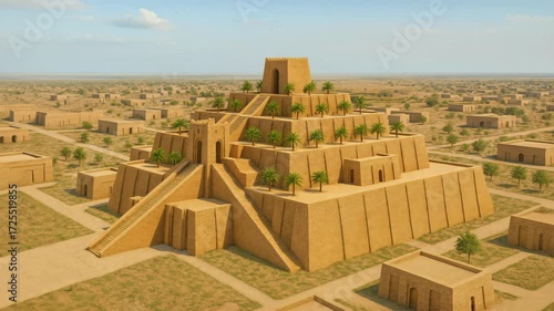 Aerial view of Ziggurat of Ur - a temple complex in ancient  Mesopotamia. AI Generative vizualization
