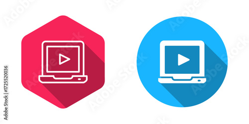 Free Download Filled and outline Online play video icon isolated with long shadow background. Laptop and film strip with play sign. Vector - GFXLoad