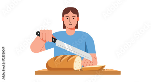 Flat vector illustration of a person slicing bread on a cutting board with a bread knife perfect for culinary or lifestyle content using clean design