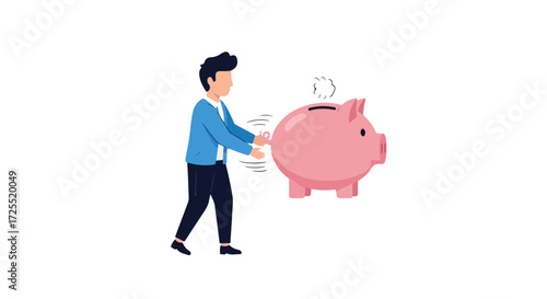 Frustrated individual yanking piggy bank tail illustrating economic stress and financial challenges requiring immediate money extraction