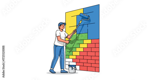 Illustration of a person painting a brick wall with bright colors, showcasing home improvement and artistic expression through vivid hues with a
