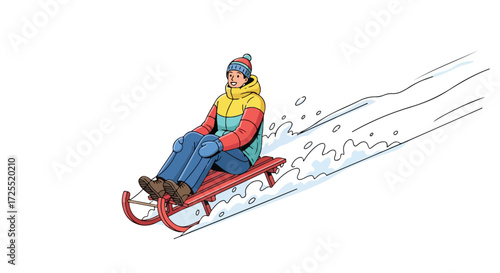 Joyful downhill adventure: A cartoon illustration of a person sledding in a winter wonderland, surrounded by crisp white snow and exhilarating speed