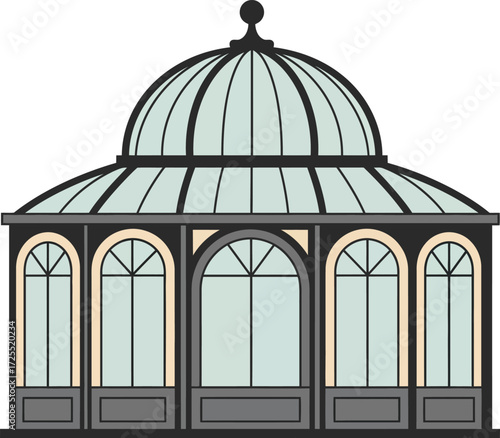 Elegant glass conservatory building design architectural structure with domed roof and arched windows isolated on transparent background