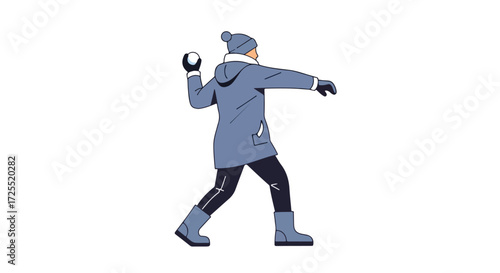 Illustrative depiction of a person in winter attire preparing to throw a snowball with dynamic posture, captured in a stylized and crisp digital