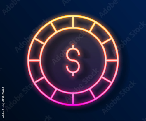 Glowing neon line Casino chip with dollar symbol icon isolated on black background. Casino gambling. Vector