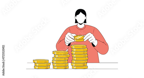 Illustrative depiction of financial management and growth with a faceless figure stacking golden coins representing investment planning and savings