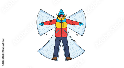Cartoon rendition of an individual creating a snow angel during winter festivities, enjoying winter fun activities and engaging in cold weather