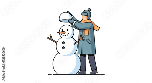 Person building snowman outdoors in winter holiday scene, adding final touch, wintertime fun, seasonal activity and recreation of creative frosty