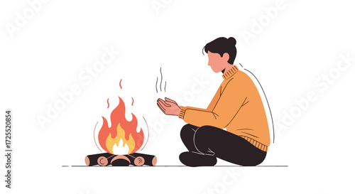 Campfire warmth: A person warming their hands by a cozy fire, capturing the essence of outdoor comfort and peaceful relaxation