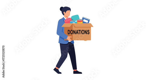 Illustration of a Volunteer Carrying a Donation Box Filled with Goods for Charity Campaigns and Support Giving back to the Community Initiative