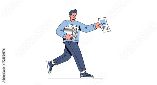 Cartoon depiction of a man running with documents symbolizing urgency and efficiency in data delivery or project management scenarios
