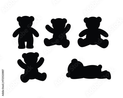Five black silhouette teddy bears in various poses against a white background symbolizing childhood play and comfort