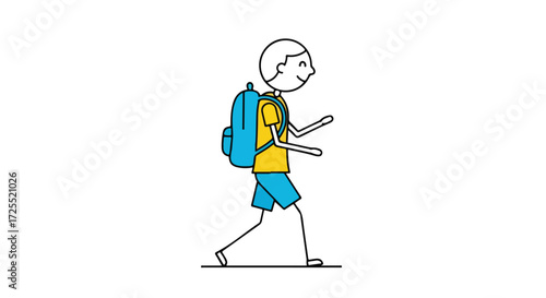 Cartoonish character with backpack is walking against a simple white isolated background illustration with clear lines
