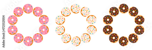 Vector set of sweet donut wreaths with colorful glaze and sprinkles, decorative round frames for food design and bakery decoration.