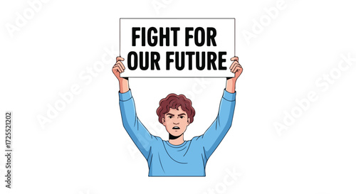 Illustrated figure with sign urging action, symbolizing youth activism and determination towards an improved future environment