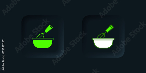 Green Cooking whisk with bowl icon isolated on black background. Cooking utensil, egg beater. Cutlery sign. Food mix symbol. Black square button. Vector