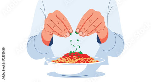 A Culinary Hand: Garnishing Spaghetti with Fresh Herbs in a Minimalist Artistic Style Depiction